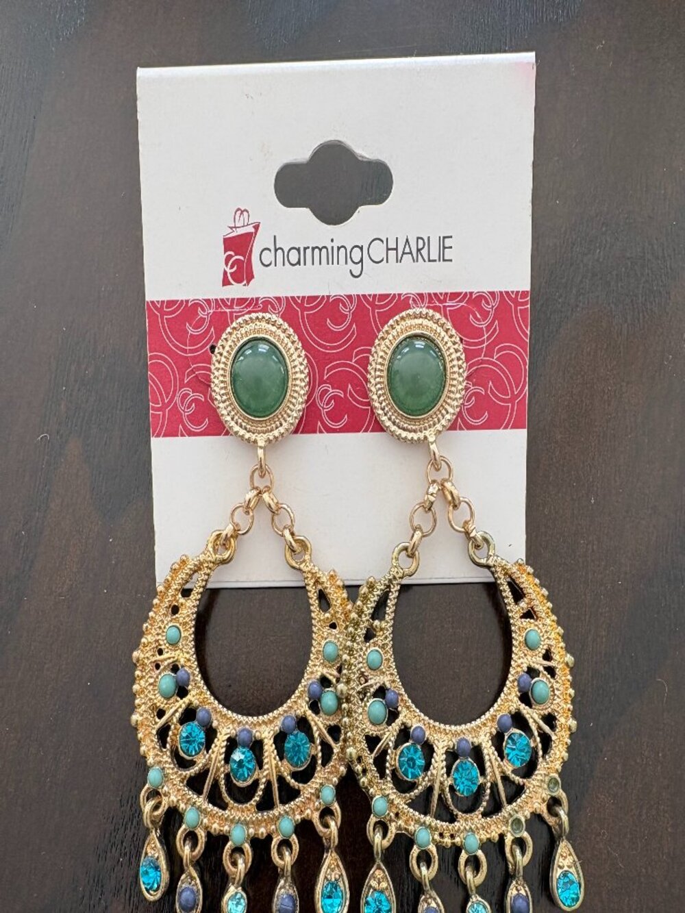 Charming Charlie Gold-tone Drop Dangle Earrings Blue Rhinestones Faux Jade - New